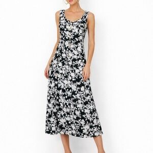 BFA Classics Floral Midi Dress L Black White Sleeveless Boho Rayon Summer Resort